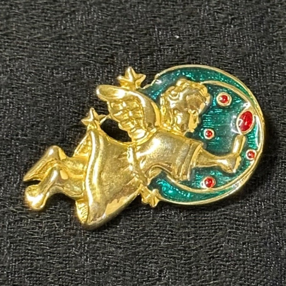 Vintage Angel Cherub Brooch Gold Tone Enamel Teal Red Rhinestone Pin